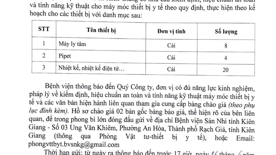 Mời chào giá kiểm định, hiệu chuẩn an toàn và tính năng kỹ thuật cho máy móc thiết bị y tế phục vụ khám chữa bệnh của Bệnh viện.