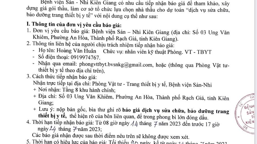 Thông báo số 71/TB-BVSN Về việc yêu cầu báo giá cho  toán "dịch vụ sửa chữa, bảo dưỡng trang thiết bị y tế"