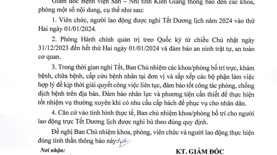 Thông báo về việc treo Quốc kỳ và nghĩ Tết dương lịch năm 2024. Thông báo về việc treo Quốc kỳ và nghĩ Tết dương lịch năm 2024.